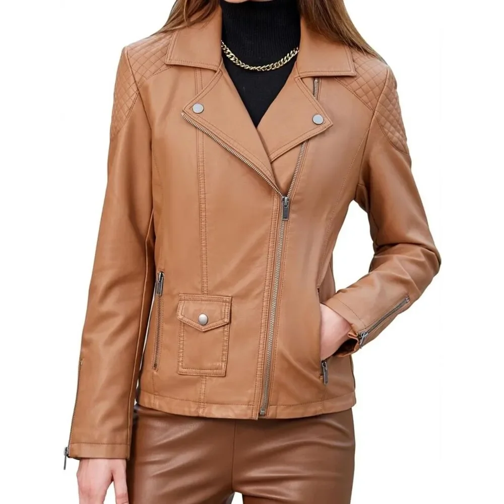 NWT SZ 3 XL- Women’s Tan Faux Leather Moto Jacket with‎ Quilted Shoulders